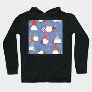 Christmas Gnomes with Snowflakes and Presents on Pale Blue Hoodie